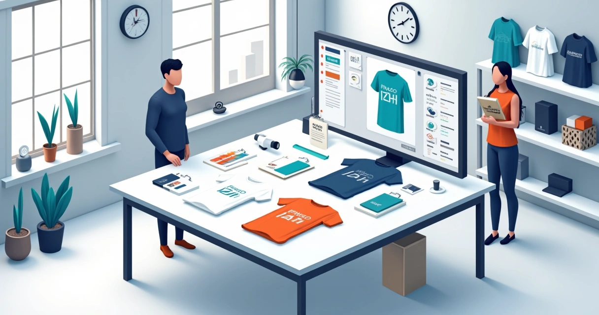 Estúdio de personalização com camisetas corporativas variadas em exposição