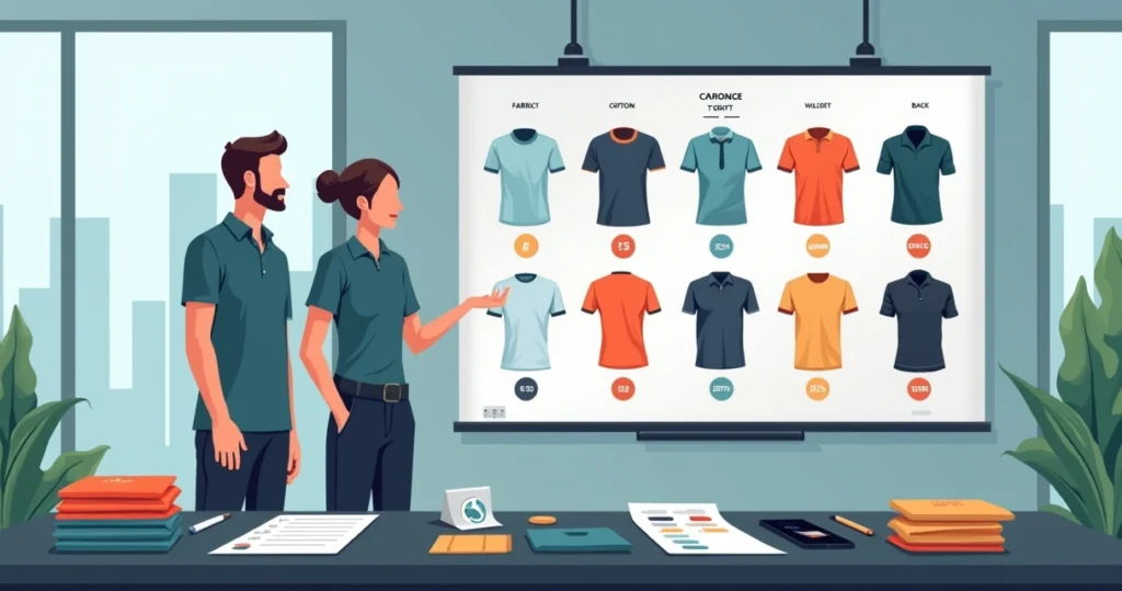 Gestor definindo uniformes corporativos em painel com modelos de camisetas