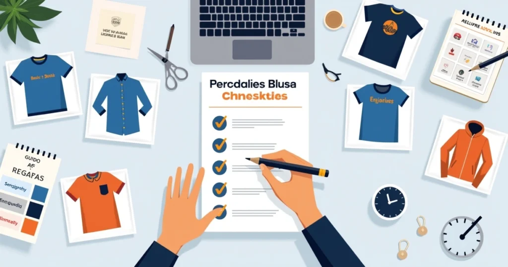 Designer montando guia para personalizar blusa de empresa e evento em mesa de trabalho