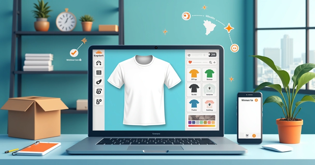 Ilustração de usuário personalizando camisetas online em notebook e celular