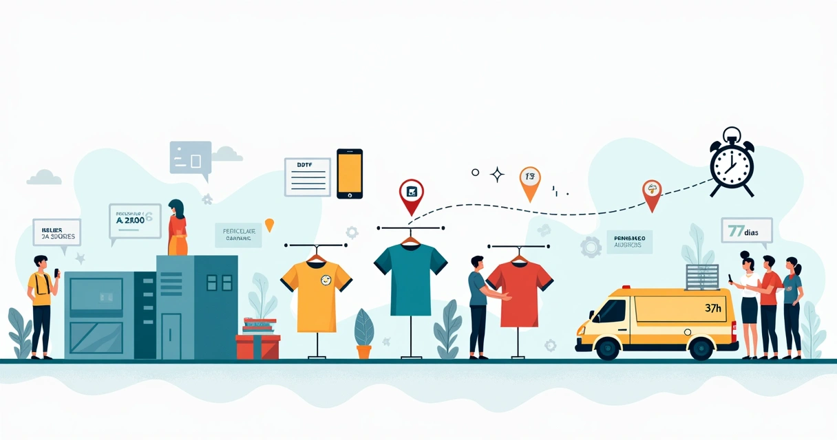 Linha do tempo ilustrando etapas de produção e entrega de camisetas personalizadas