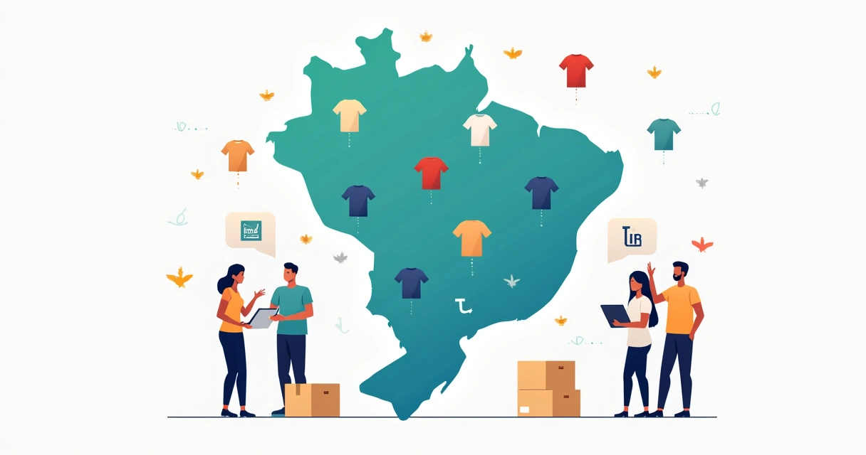 Mapa do Brasil com ícones de camisetas personalizadas representando entrega nacional