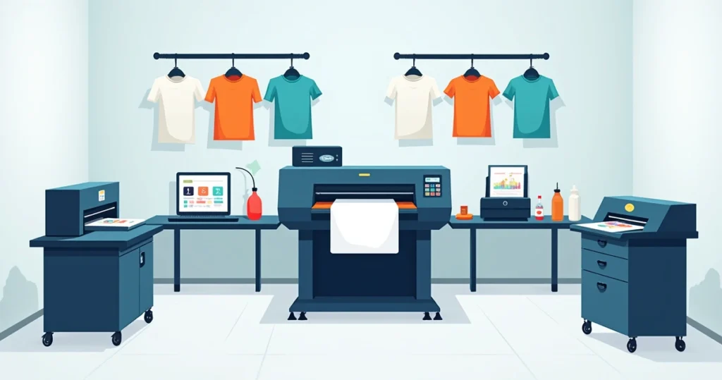 Ilustração de diferentes máquinas de estamparia de camisetas em estilo corporativo flat