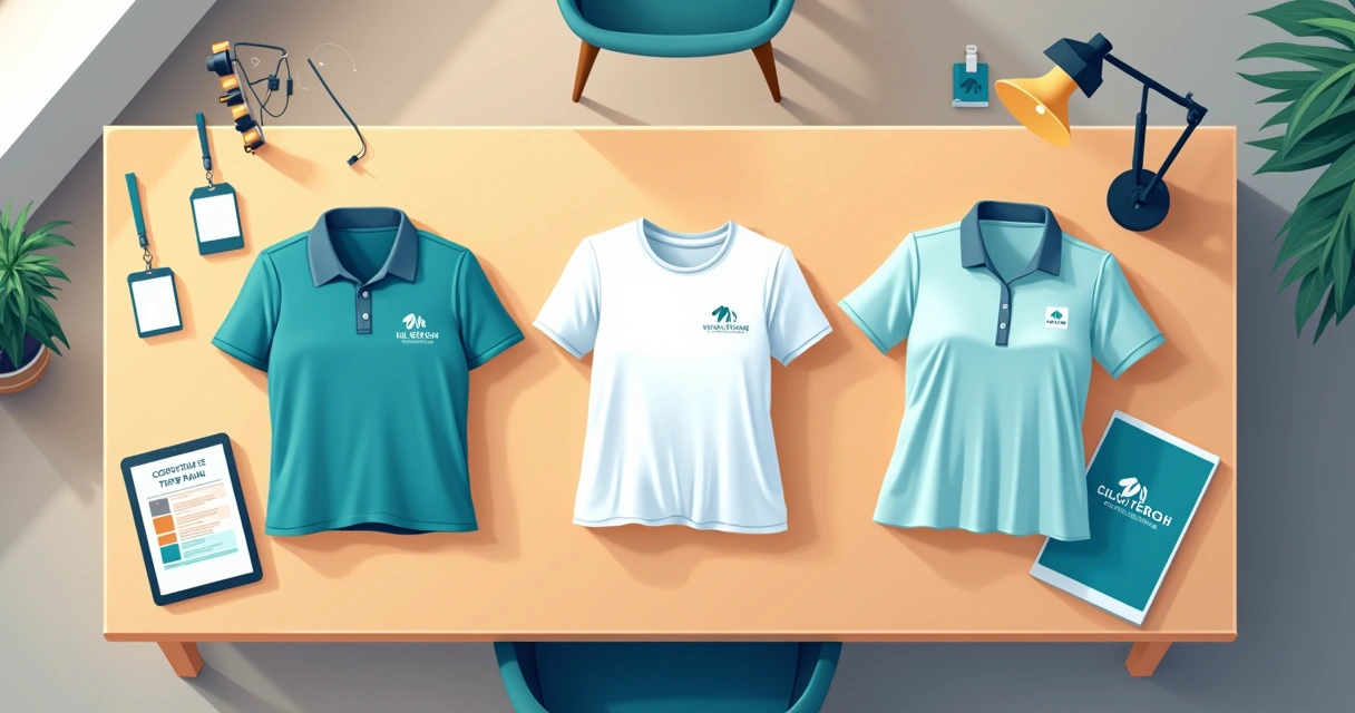 Mockups de blusa personalizada corporativa sobre mesa de trabalho