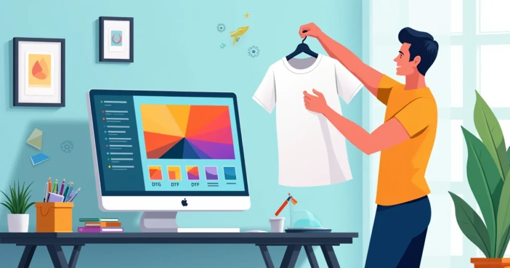 Ilustração de pessoa escolhendo foto no notebook para estampar em camiseta branca