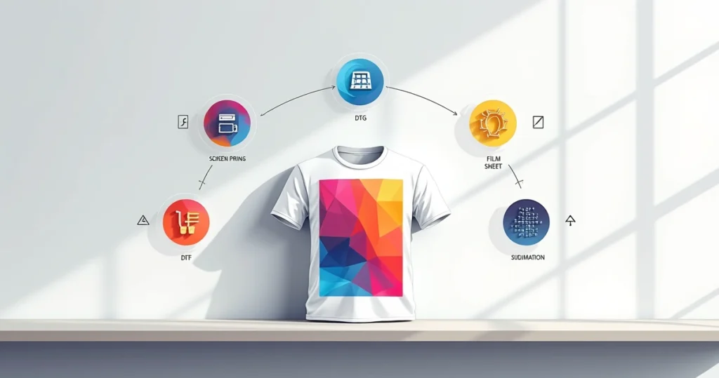 Visual de camiseta personalizada destacando várias técnicas de impressão ao redor