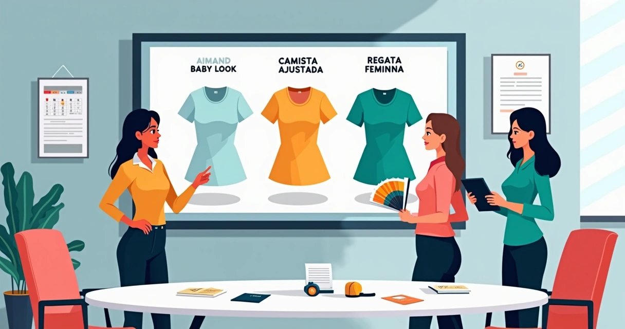 Equipe feminina escolhendo modelos de camisas femininas customizadas em telão de catálogo