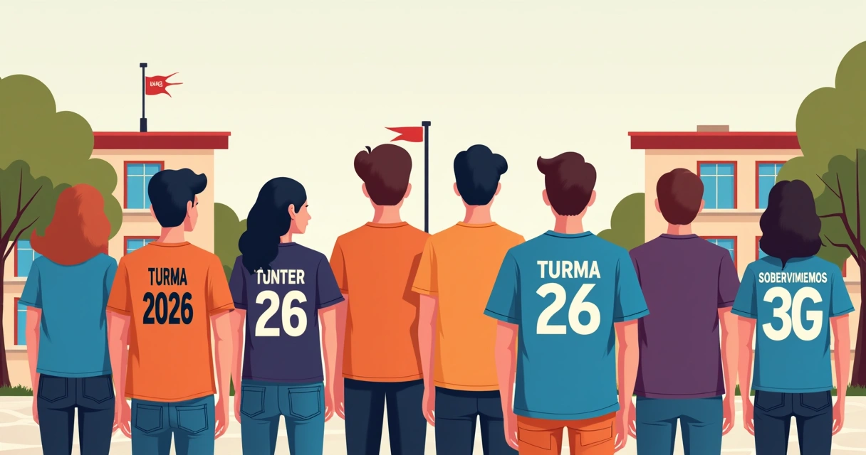 Grupo de alunos do terceirão exibindo camisetas personalizadas diferentes em pátio de escola