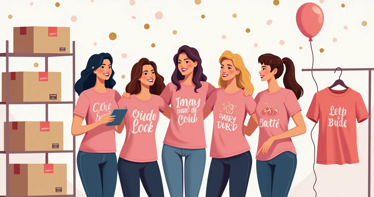 Grupo de mulheres usando baby looks personalizadas iguais em frente a caixa de atacado