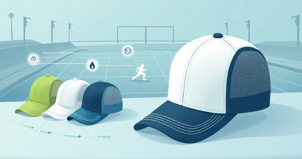 Bonés esportivos personalizados exibidos com detalhes de tecidos técnicos