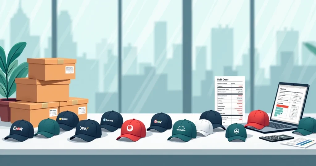 Mesa com vários bonés personalizados de atacado e planilha de custos ao lado