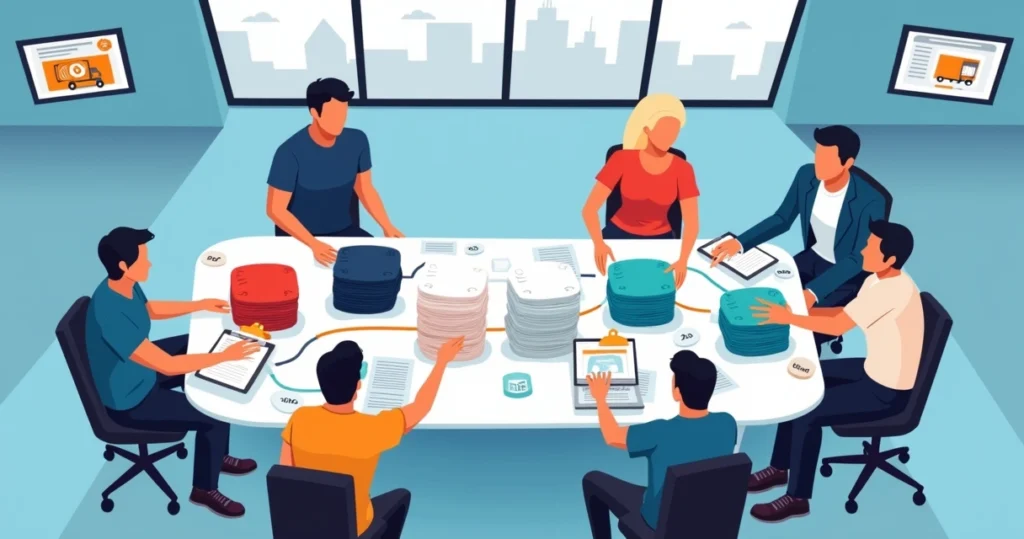 Mesa de reunião com camisetas personalizadas para evento corporativo em pedido de atacado