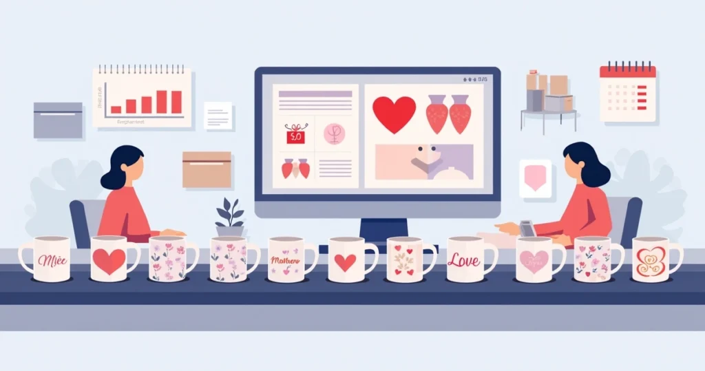 Ilustração de canecas personalizadas corporativas para Dia das Mães e Namorados alinhadas em esteira de produção