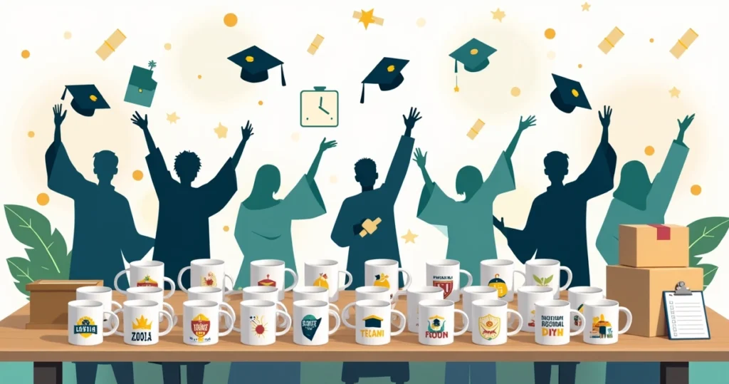 Canecas personalizadas de terceirão alinhadas em mesa com tema de formatura