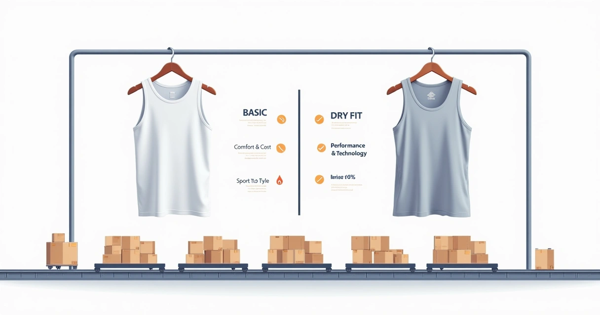 Comparação visual entre regata basic e dry fit para pedidos em atacado