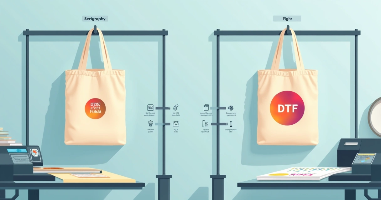 Comparação de ecobags de algodão cru com estampa em serigrafia e DTF lado a lado