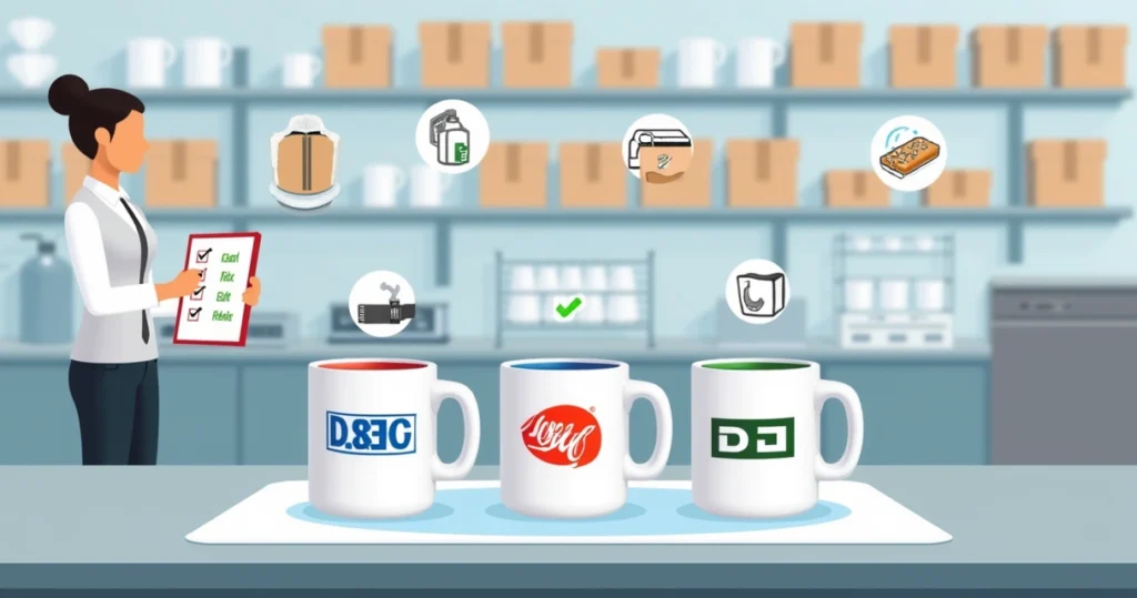 Canecas personalizadas lado a lado com ícones de cuidados para evitar desbotar