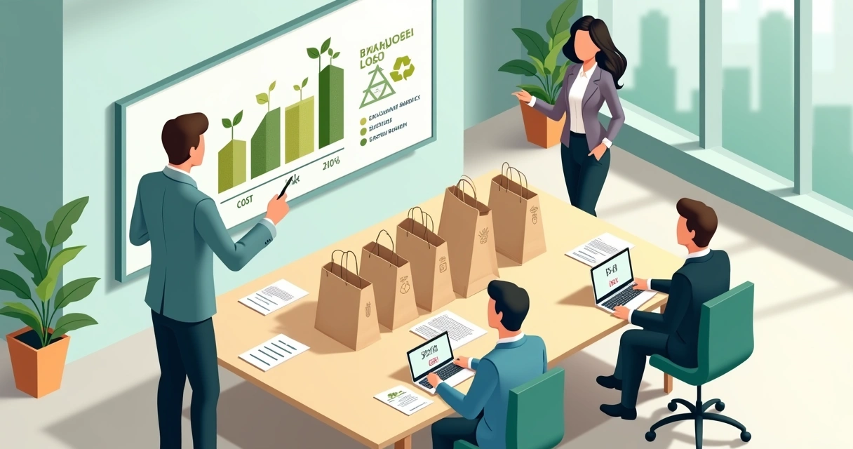 Diretora de marketing analisando ecobags personalizadas como brinde sustentável em reunião corporativa