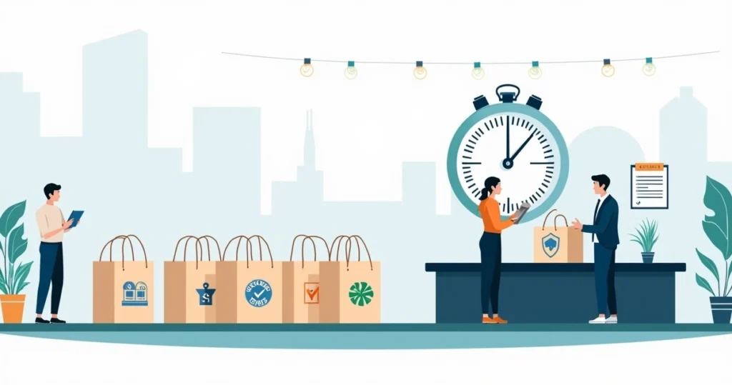 Mesa de evento com ecobags personalizadas alinhadas e cronômetro ao lado
