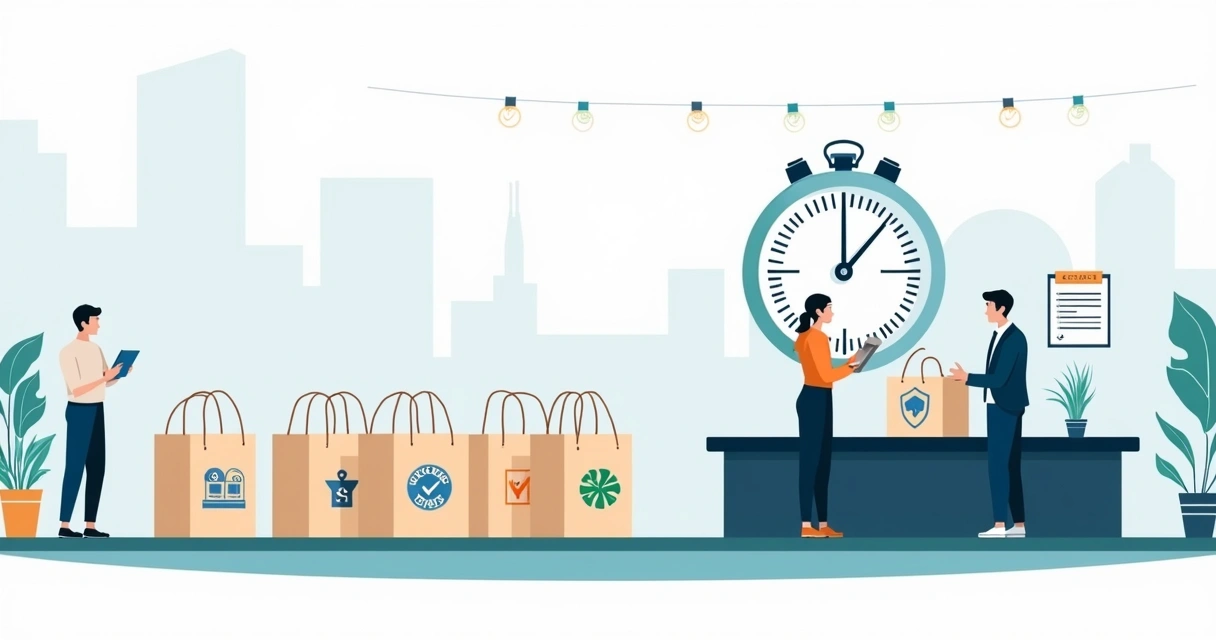 Mesa de evento com ecobags personalizadas alinhadas e cronômetro ao lado