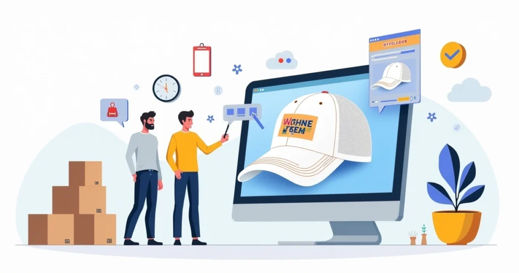 Mockup de boné personalizado ao lado de tela com arte sendo enviada online