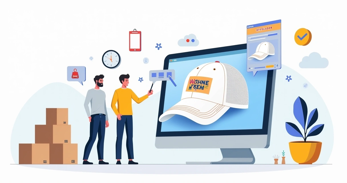 Mockup de boné personalizado ao lado de tela com arte sendo enviada online
