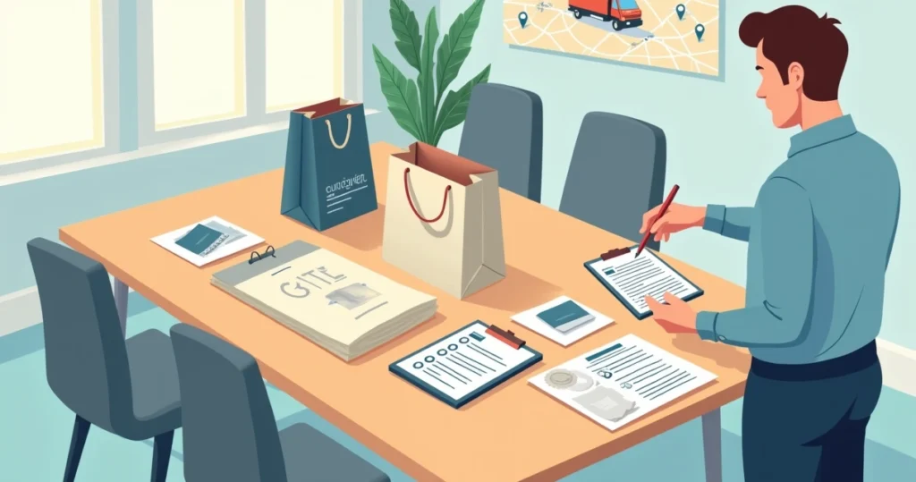 Gestor avaliando diferentes modelos de ecobag personalizada sobre a mesa