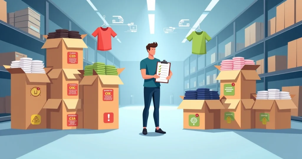 Gestor analisando caixas de camisetas personalizadas no atacado com etiquetas de erros