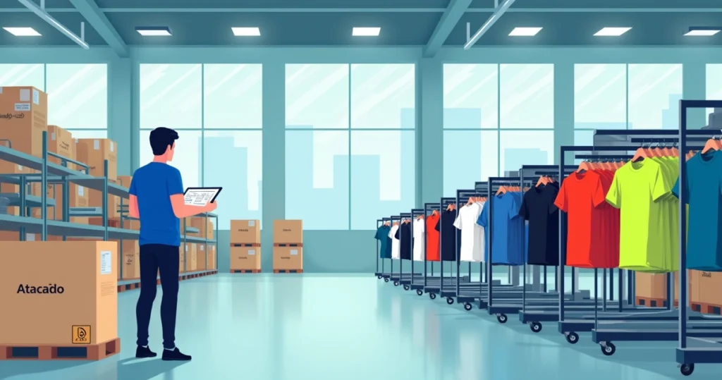 Depósito organizado com araras de camisetas de poliamida coloridas para atacado
