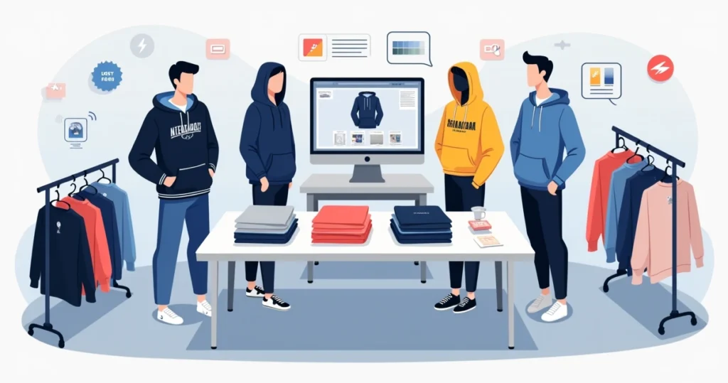 Espaço criativo com manequins exibindo moletons personalizados para marca de roupa em atacado