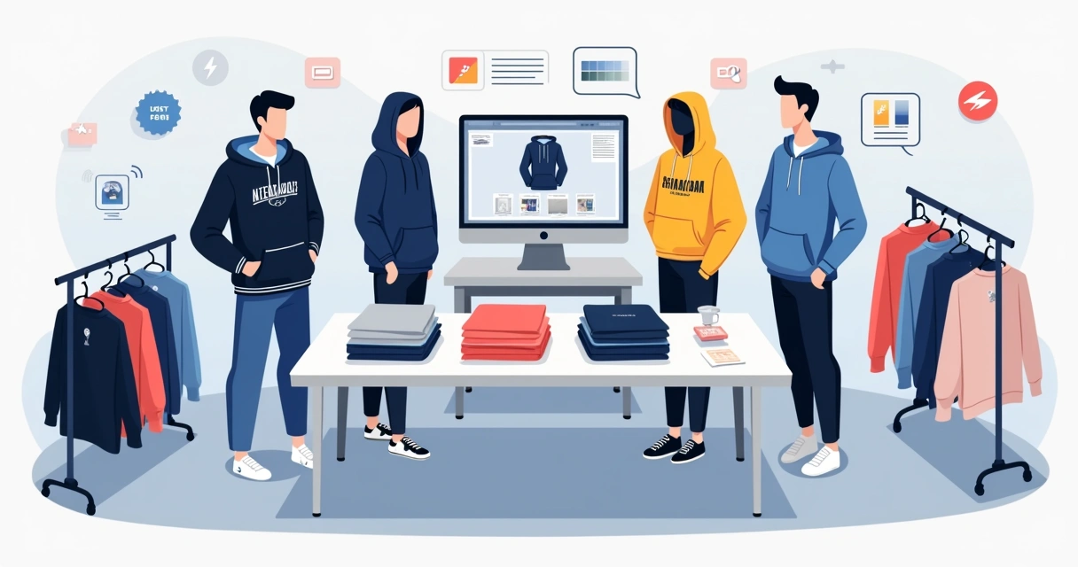 Espaço criativo com manequins exibindo moletons personalizados para marca de roupa em atacado