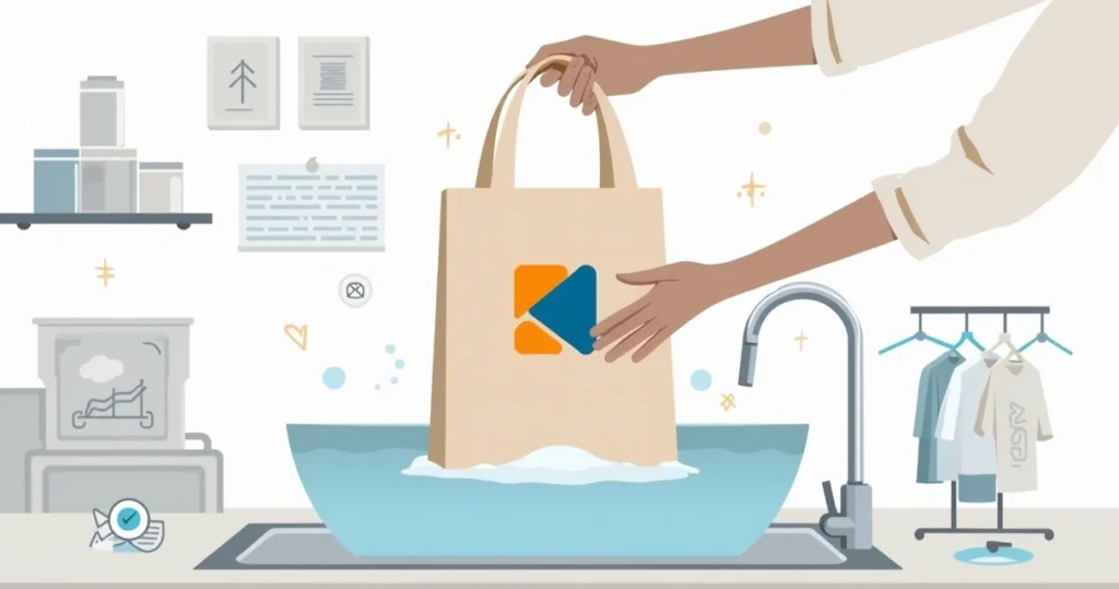 Ilustração de ecobag personalizada sendo lavada à mão em ambiente corporativo
