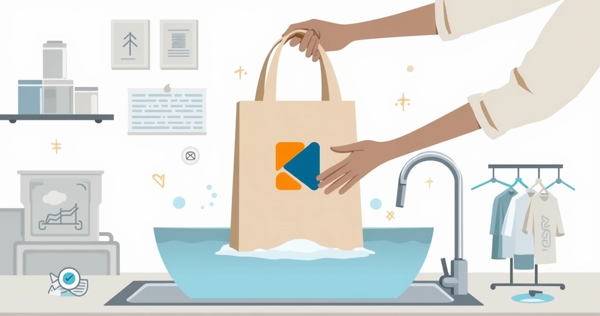 Ilustração de ecobag personalizada sendo lavada à mão em ambiente corporativo