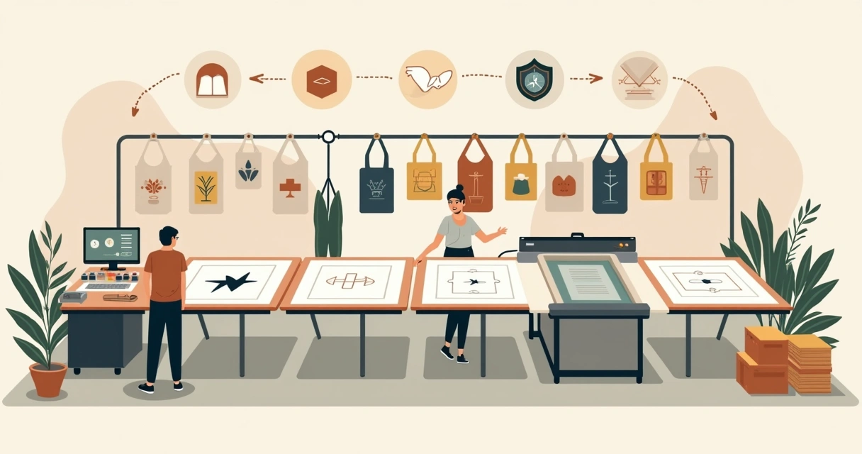 Linha de produção com ecobags de algodão cru sendo estampadas em mesa industrial