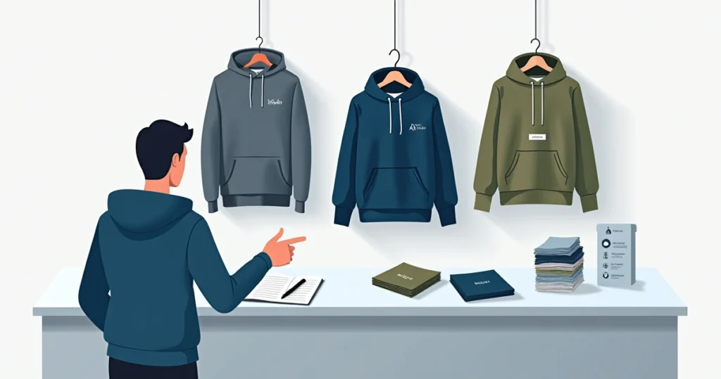Mostruário de moletons canguru personalizados com diferentes tipos de tecidos para empresas