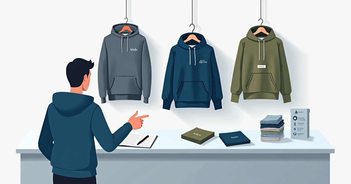 Mostruário de moletons canguru personalizados com diferentes tipos de tecidos para empresas