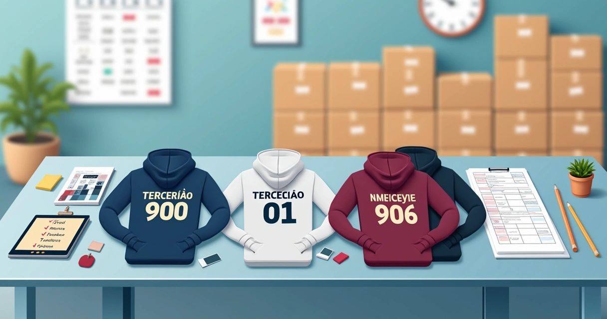 Layout de moletoms personalizados para terceirão com amostras de cores e tipos de estampa