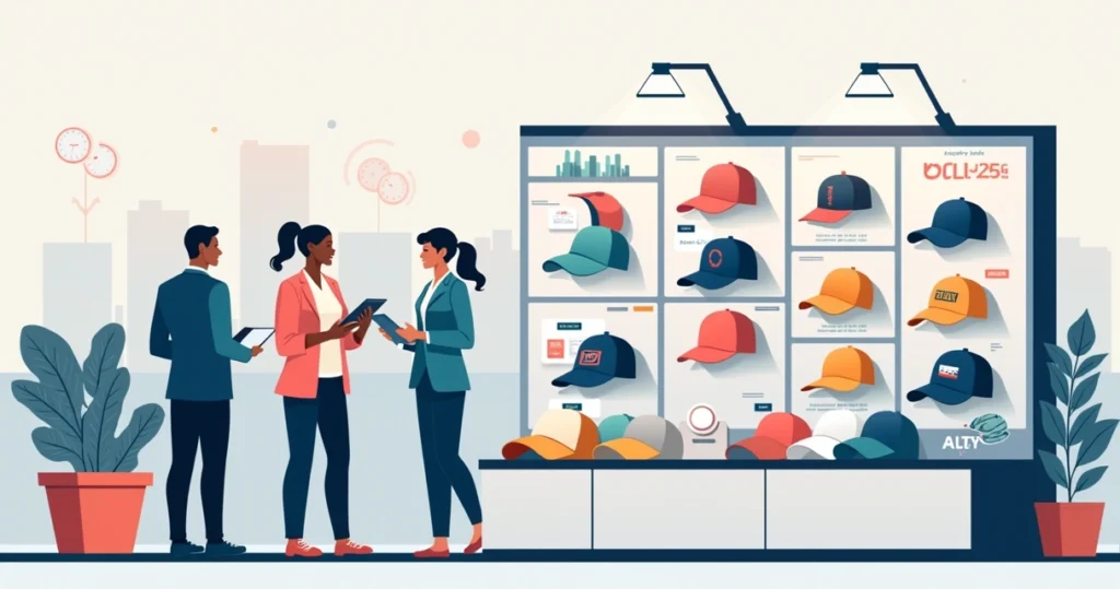 Exposição de bonés personalizados para marcas em estande corporativo