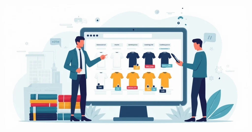 Gestor analisando tabela de preços de camisetas personalizadas por quantidade