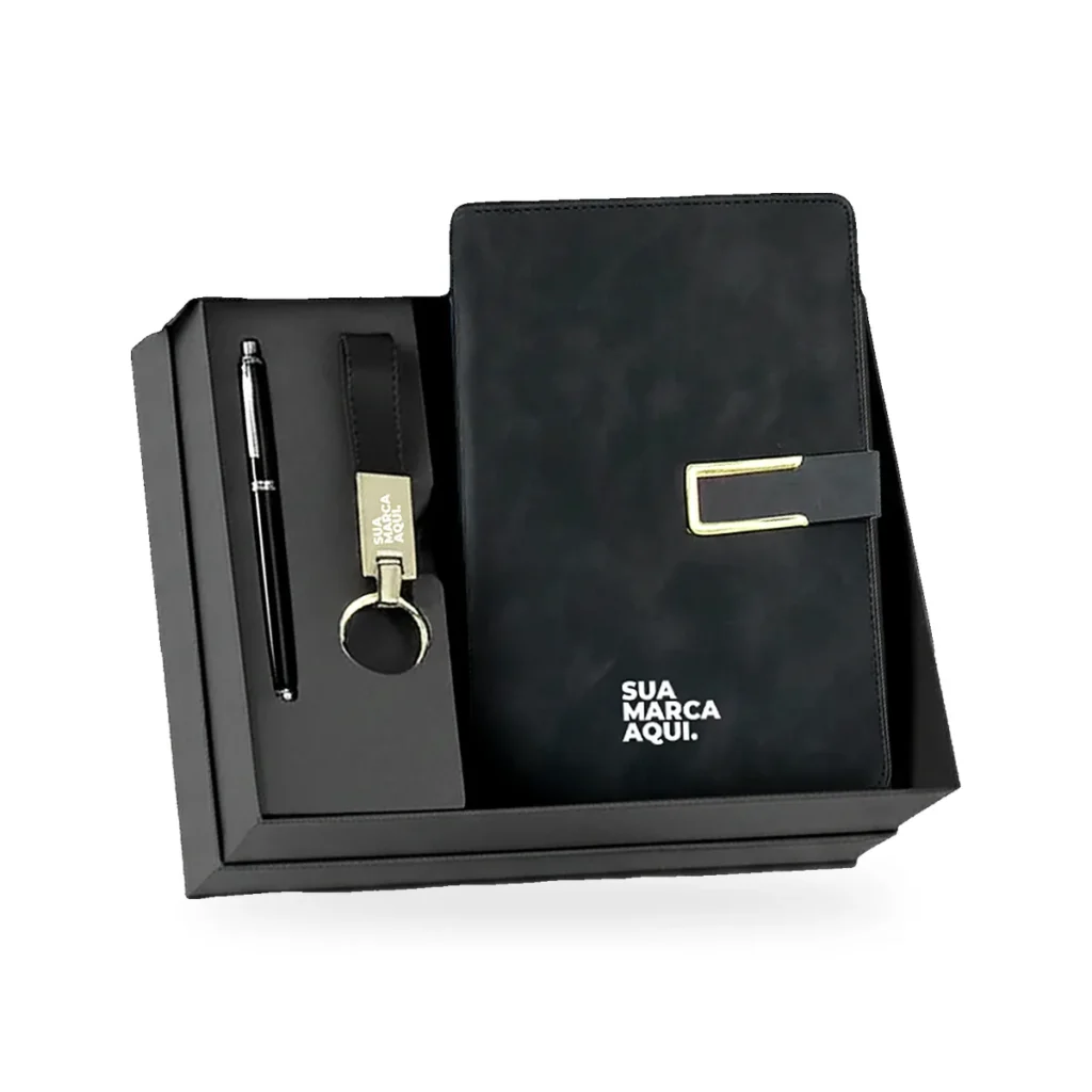 Kit escritório personalizado com caderneta, caneta e chaveiro