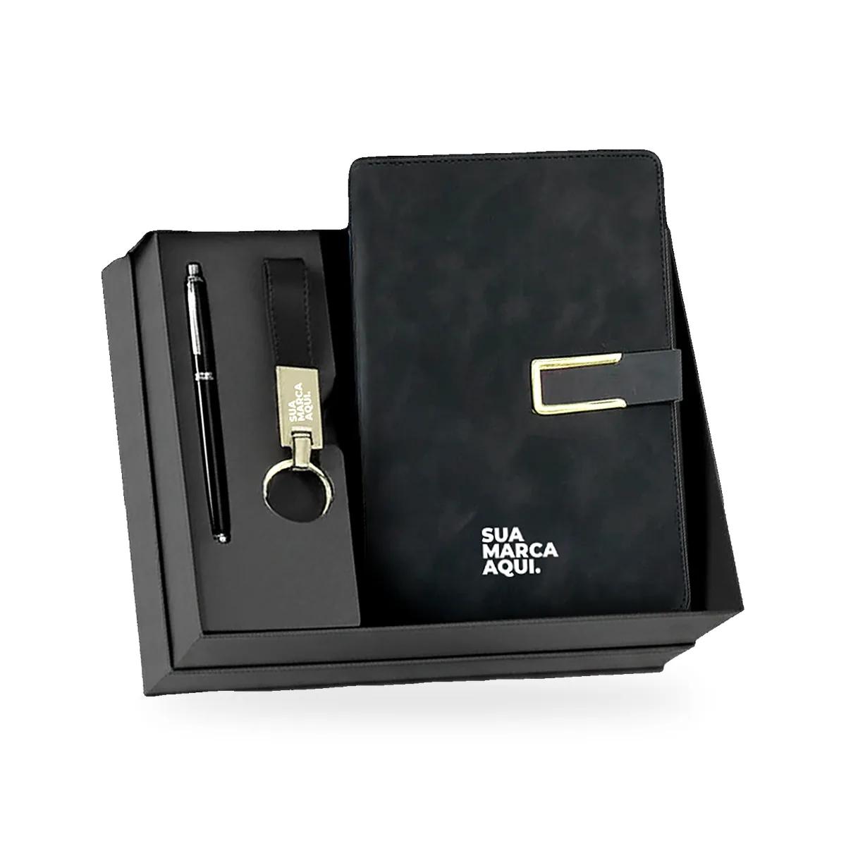 Kit escritório personalizado com caderneta, caneta e chaveiro